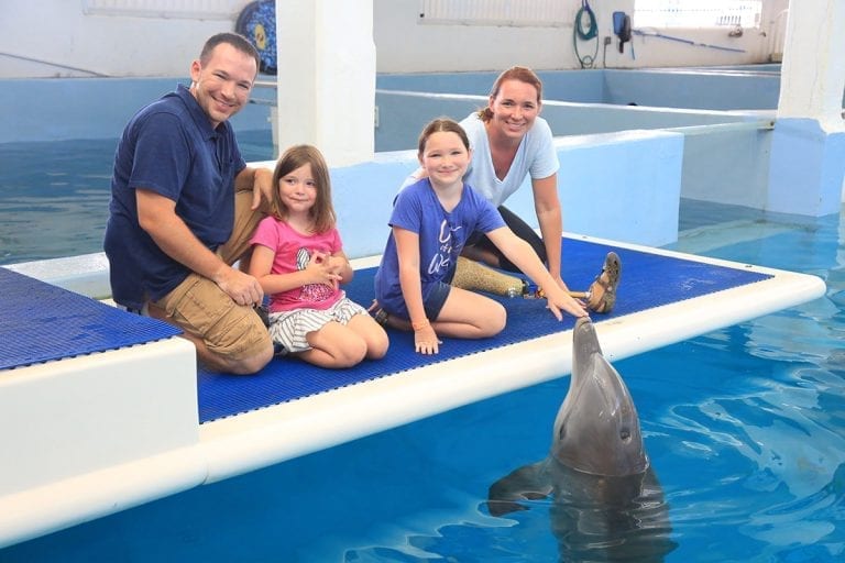 Leya Allen leg amputee meets Winter and Hope dolphins